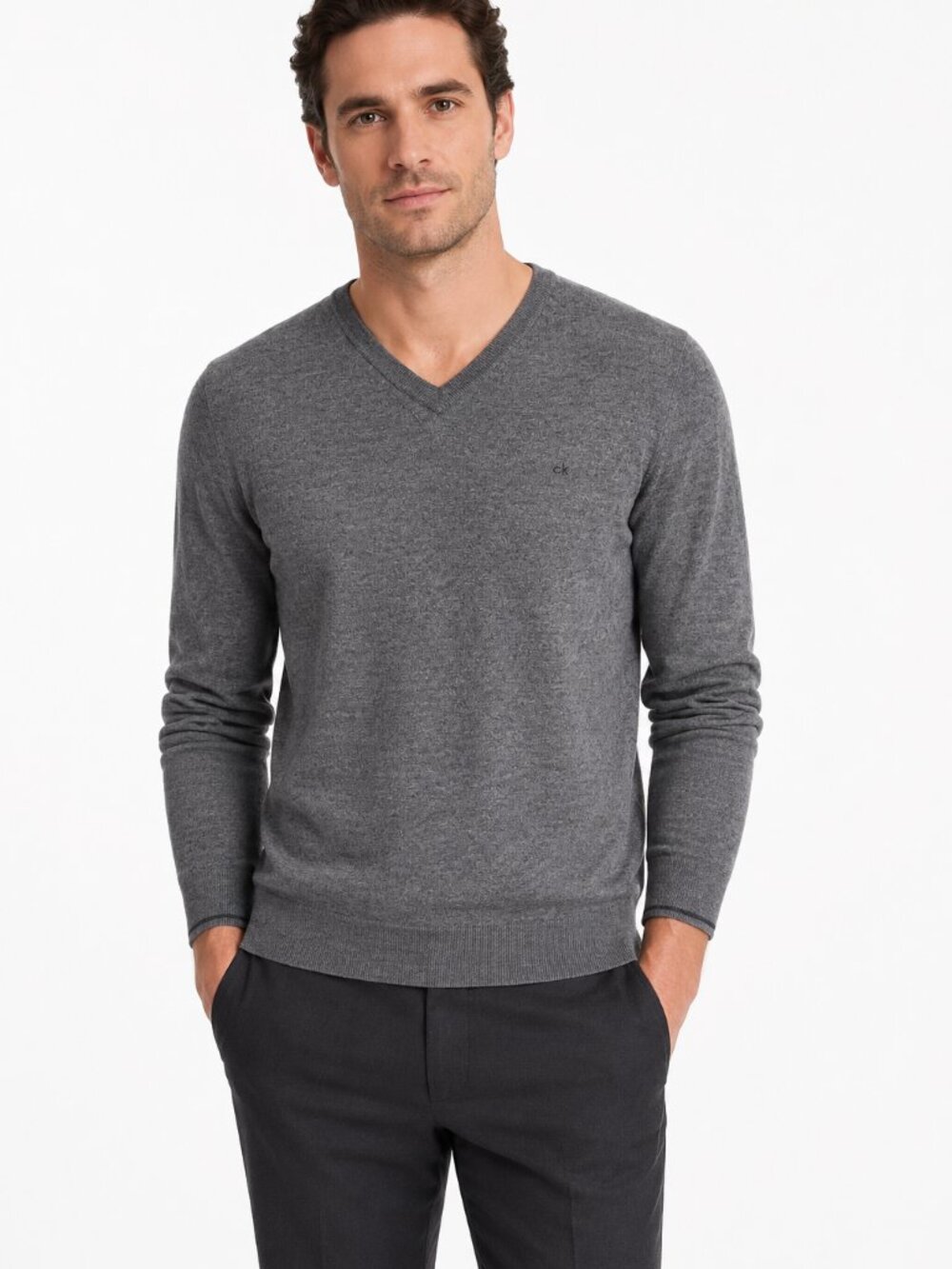 Calvin Klein Men's Grey Merino Wool Blend V-Neck Sweater Size XXL